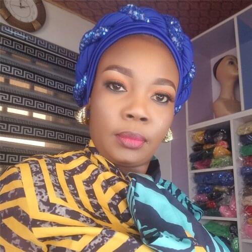 Latest Shinning Sequins Turban Cap for Women Ready Female Head Wraps African Auto Geles Aso Oke Headtie Already Made Headties