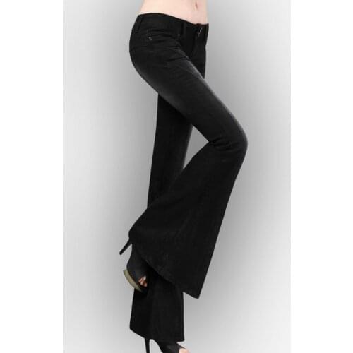 Autumn Winter Womans Black Stretch Elastic Denim Trousers , Casual Fall Spring Elastic Flare Jeans Pants For Woman