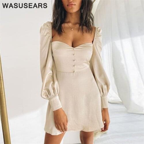 Autumn dress 2020 sexy backless mini dress elegant solid color dress low cut long sleeve square neck dresses button up