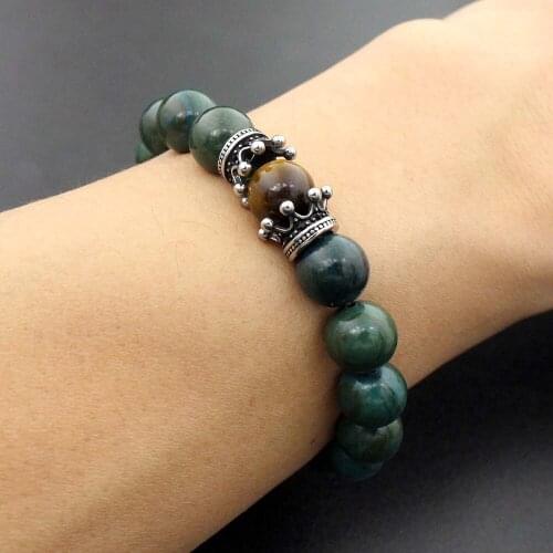 Retro 316l Stainless Steel Crowns Charm Bead Bracelet Dark Green Natural Stone Bead Stretch Bracelet for Men Women Jewelry Gift
