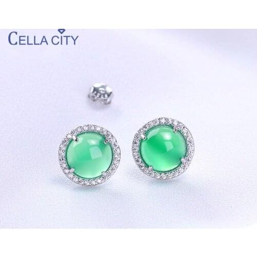 Cellacity Pure 925 Sterling Silver Earrings for Women 8*10mm Green chalcedony Ear Studs Female Round Gemstone Earrings Anniversa
