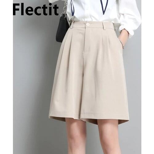 Flectit Bermuda Shorts High Waist Side Pocket Pleated Bermudas Women Student Girl Ladies Casual Outfits