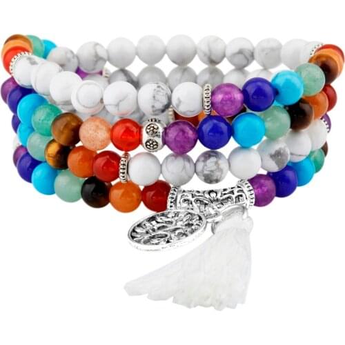 SUNYIK 6mm White Howlite Stone 7 Chakra 108 Mala Beads Prayer Stones Bracelet Necklace