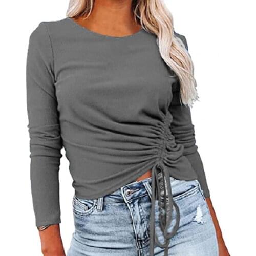 Autumn Casual Tops Women Solid Color T-shirt Long Sleeve Top Autumn Shirring O Neck Tunic Tops T-Shirts Streetwear 4XL