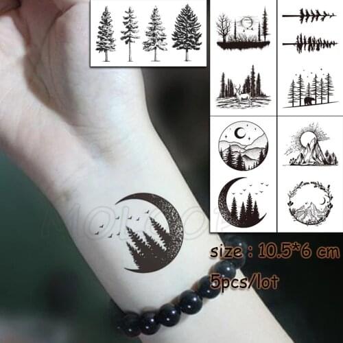 5 Pcs Temporary Tattoo Sticker Tree Bird Moon Sun Forest Waterproof Fake Tatto Water Transfer Tatoo Art for Kid Girl Woman Man