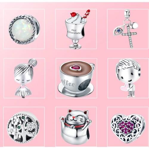 WOSTU Real 925 Sterling Silver Beads Retro Patterns Boy Girl Coffee Cup Charms Pendant Fit Original Bracelet Silver 925 Jewelry