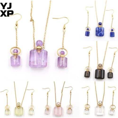 YJXP Perfume Bottles Jewelry Sets Natural Crystal Amethysts Rose Quartzs Essential Oil Diffuser Bottle Pendant Necklace Earrings