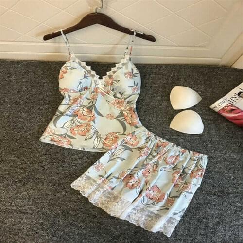 Women Satin Lace Sleepwear Lingerie Nightwear Shorts Pjs Pyjamas Set 2pcs Summer Sleeveless printed Pajama Sets