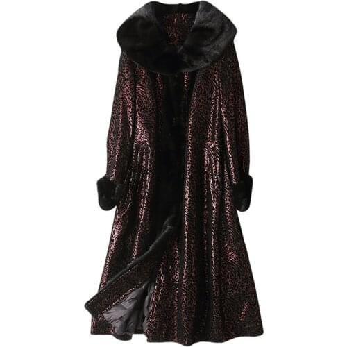 Women genuine leather sheepskin winter coat, long down jacket, womens clothing, 2020 natural mink fur collar