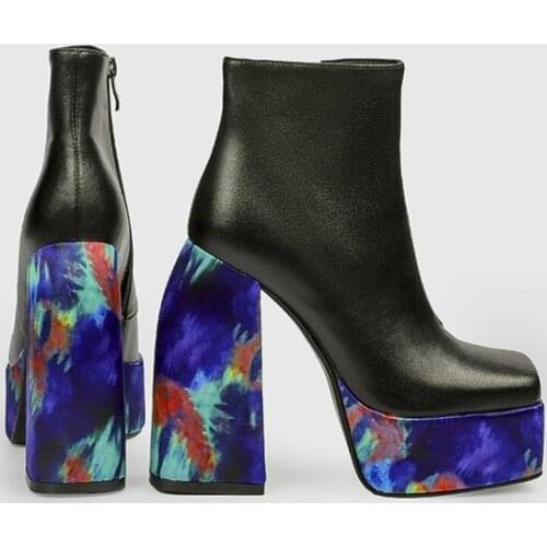 Womens Square Toe Platform Ankle Boots Genuine Leather 14CM High Heel Shoes Printed Black Plus Size New 2022