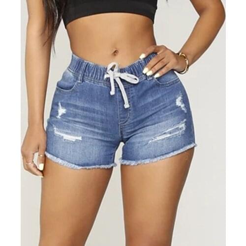Slim Ripped Denim Shorts Women High Waist High Elastic Drawstring Elastic Waist Blue Jeans Shorts 2021 Summer Lady Short Jeans