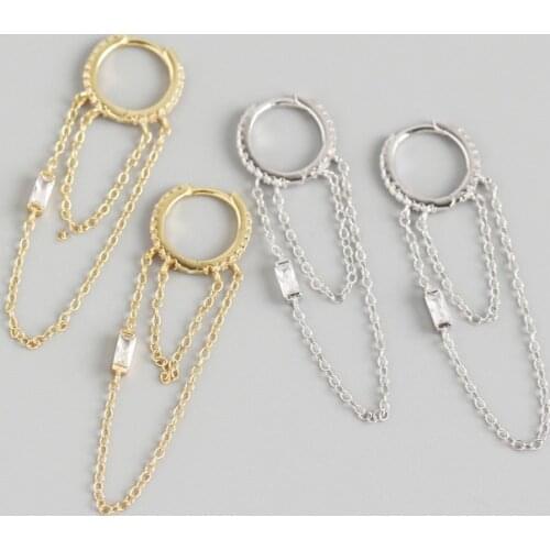 Genuine 925 Sterling Silver Bohemian Square Zircon Tassel Long Stud Earrings for women Punk Party Jewelry Accessories