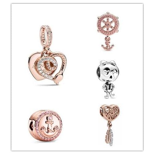 925 Sterling Silver Rose Sparkling Pink Anchor Clip Charm Beads Fit Women Pan Bracelet & Necklace Jewelry