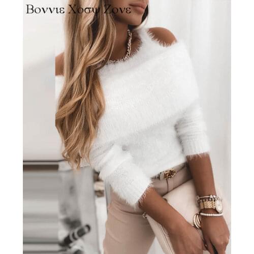 Women Sexy Elegant Cold Shoulder Plain Fluffy Casual Sweater