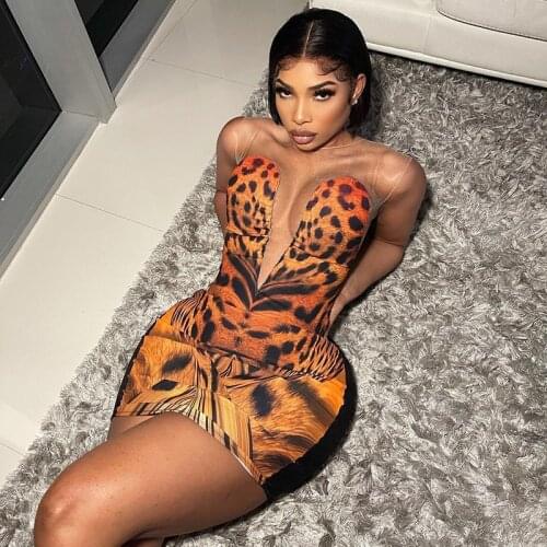 2021 Sleeveless Tiger Printing Lace O-Neck Sexy Mini Dress Summer Women Fashion Party Club Outfits Y2K Robe Kpytomoa