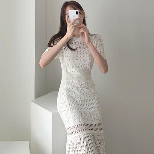 WTIANYUW 2021 New Summer Elegant Hollow Out Women Knit Short Sleeve High Waist Midi Dresses Female Fashion Chic Vestidos