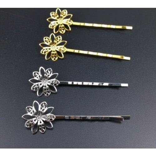 10 pcs/lot 55mm Gold rhodium color Hairpin welding filigree Hollow Flowers hair sticks Hairwear for Jewelry DIY