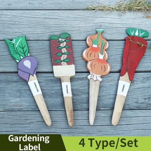 4 Type/set Gardening Label Solid Wood Manual Sculpture Vegetable Identification Label Plant Markers Garden Furnishing Articles