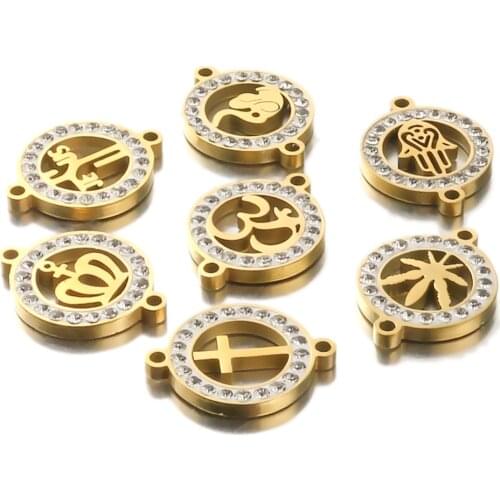 5pcs/lot Gold Cross Maple Leaf Stainless Steel High Quality Round Rhinestone Connector for Bracelet Jewelry Making DIY Findings