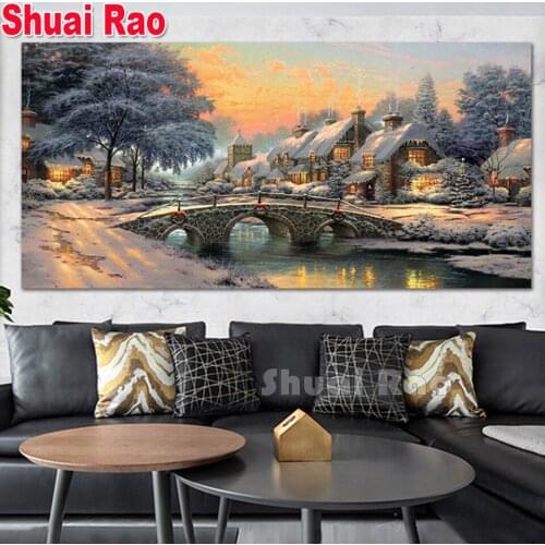 5d diy diamond painting Full square Snow House Scenic village diamond embroidery full round mosaic Daimant Painting,Wall Art