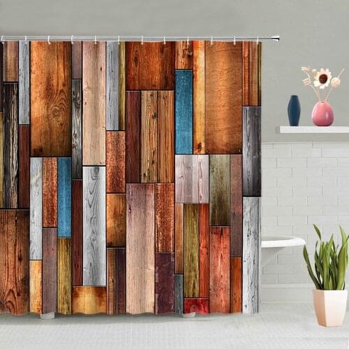 Antique Wooden Wall Shower Curtains Creative Bathroom Decoration Background Partition Screen Waterproof Fabric With Hooks Set