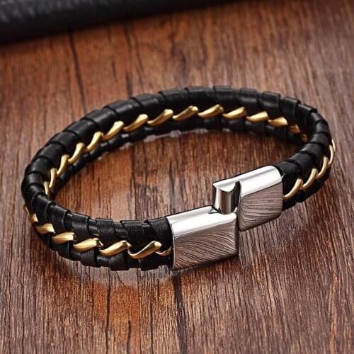 Chain Cuff Bracelet Men Magnet clasp Stainless Steel Rope Bracelets Genuine Leather Bracelets for women retail fashion Bracelet