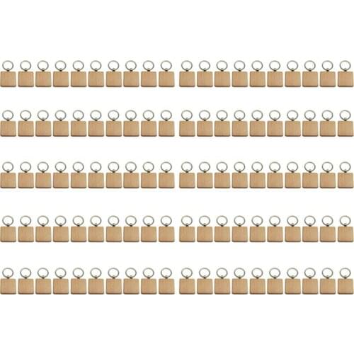 Hot YO-100Pcs DIY Blank Wooden Key Chain Square Carved Key Ring Wooden Key Ring About 40 x 40 mm