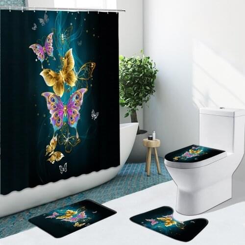 Color Butterfly Golden Shower Curtain Palm Leaf Flower Non-Slip Flannel Rugs Toilet Cover Bath Mats Bathroom Set Floor Mat Decor