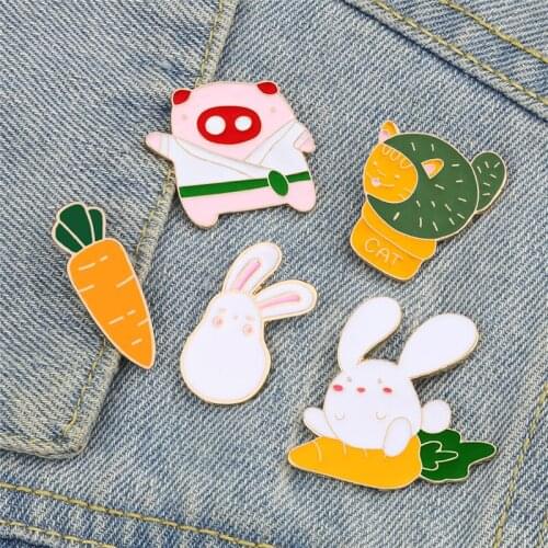 Cartoon Animal Enamel Pins Cute Bunny Carrot Pig Cactus Brooches Fashion Jewelry Accessories Lapel Backpack Badges Gift For Kids