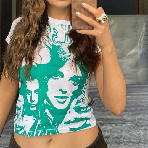 E-girl Harajuku Graphic Print T-shirt Women 90s Vintage Crop Top Y2K Aesthetic Summer Slim Fit Tees Tops Streetwear Gothic Punk