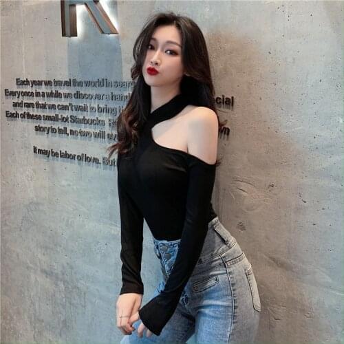 T Shirt Women Off Shoulder long shirt for Women Long Sleeve Female tops Black Sexy Clothing New 2020
