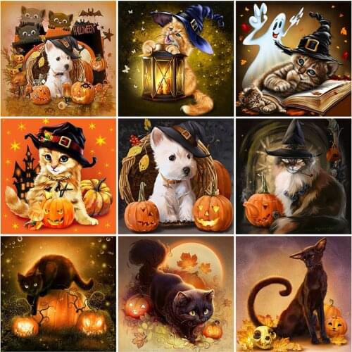 HUACAN 5D Diamond Painting Dog Full Drill Square New Arrival Diamond Embroidery Animal Cat Mosaic Rhinestone Kit Halloween Gift