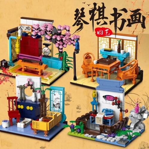 Chinese Style Chess Piano Calligraphy And Painting Desktop Ornaments Building Blocks Bricks Toys Gifts