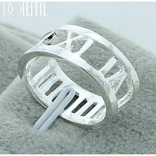 DOTEFFIL 925 Sterling Silver Hollow Roman Numerals Ring For Women Wedding Engagement Party Fashion Charm Jewelry