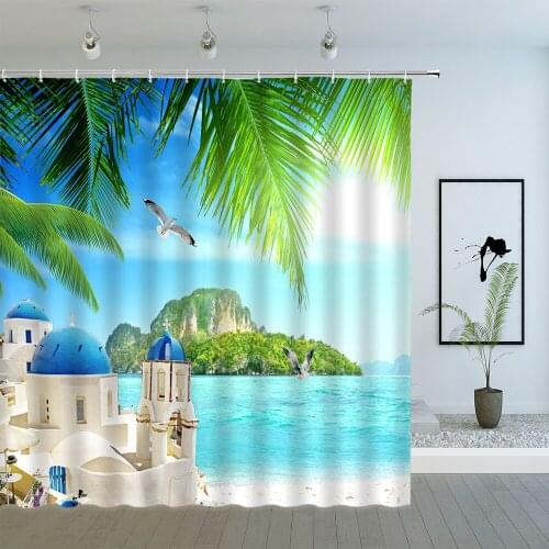 Mediterranean Architecture Landscape Shower Curtains Ocean Island Scenery Green Palm Leaves Bathroom Cloth Hanging Curtain Sets