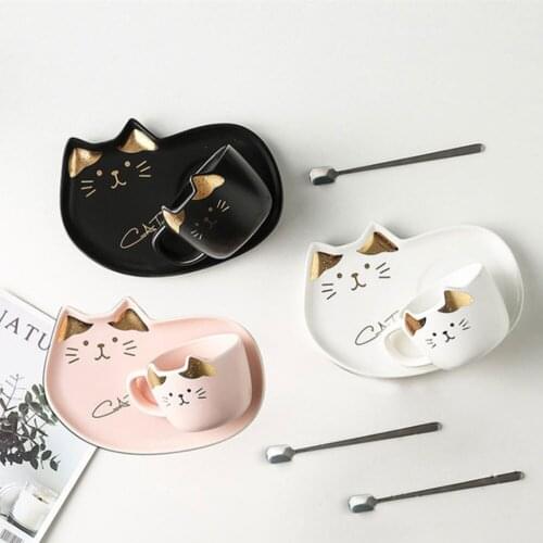 Cute Cat Mugs Handgrip Animal Cups Set Coffee Ceramic Espresso Utensils With Tray Creative Drinkware Novelty Milk Breakfast