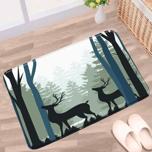 Cartoon Trees Bathroom Mat Forest Elk Watercolor Palm Tree Beach Scenery Non-Slip Rug Toilet Kitchen Entrance Aisle Carpet Pads