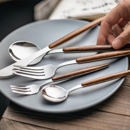 Stainless Steel Dinnerware Set Western Food Row Dessert Fruit Fork Stir Spoon Tableware Wood Handle Cutlery
