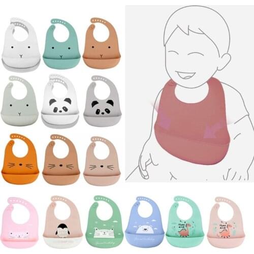 Cartoon Waterproof Soft Silicone Baby Bibs Adjustable Toddler Feeding Food Catcher Roll up Pocket Feeding Stuff Apron for