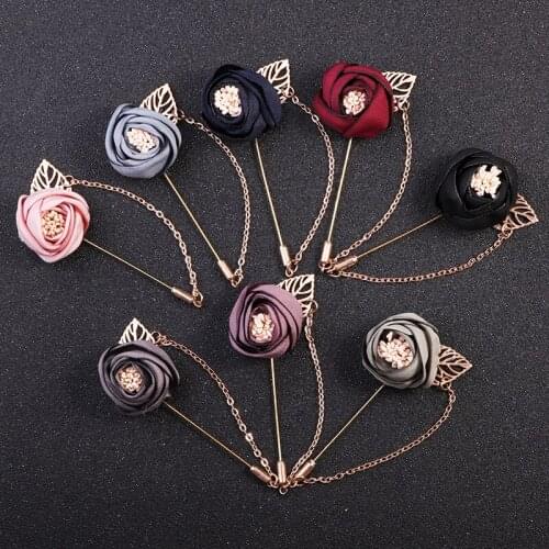 Retail&Wholesale Flower Fabric Office Wedding Jewelry Women Men Lapel Pin Safety Muslim Hijab Pins With Chain