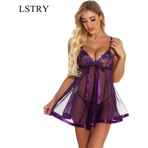 Women Sexy Lingerie Underwear Lstry Erotic Dress See-through Lace Pajamas Sleepwear Nightdress + Thong Sexy Costumes Sex Dress