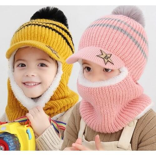 Thick Knitted Acrylic Winter Beanie Hats For Kids Child Outdoor Warm Balaclava Cap Girls Boys Bib Mask Face Cover Hairball Hat