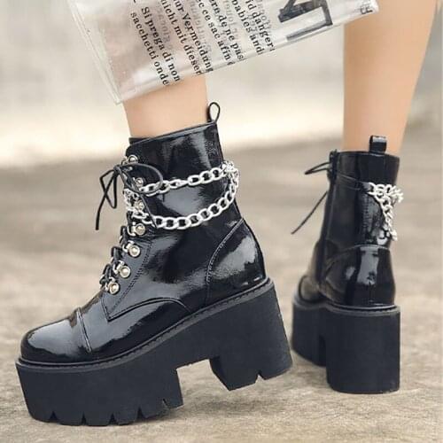 PRETO BRANCO Winter Womens Boots Thick Round Head Patent Leather Chain Lace Up Womens Boots Wedge High Heel Boots JXQ