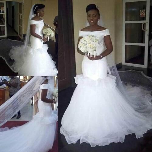 Custom African Mermaid Wedding Dresses Off Shoulder Bateau Neck Tulle Tiers Arabic Country Sweep Train Wedding Bridal Gowns