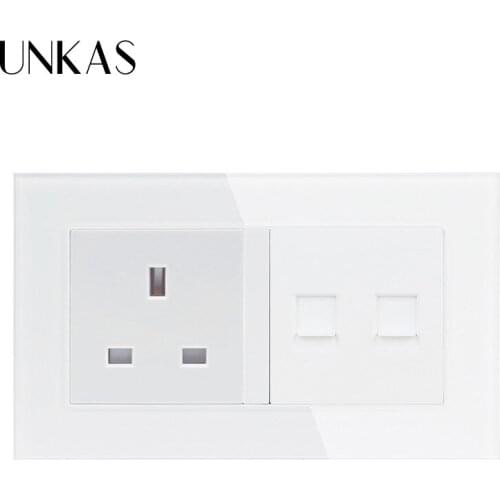 UNKAS White Luxury Glass Panel 2 Gang Wall Power 13A UK Standard Electrical With Double RJ45 Internet Data Computer Jack CAT