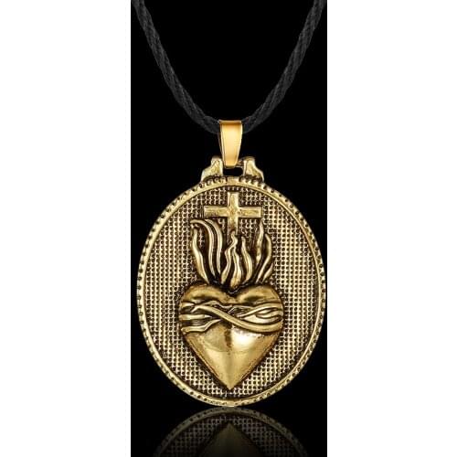 Vintage Christian Sacred Heart of Jesus Cross Pendant Necklace Retro Mens Golden Catholic Religious Pendant Chain Necklace