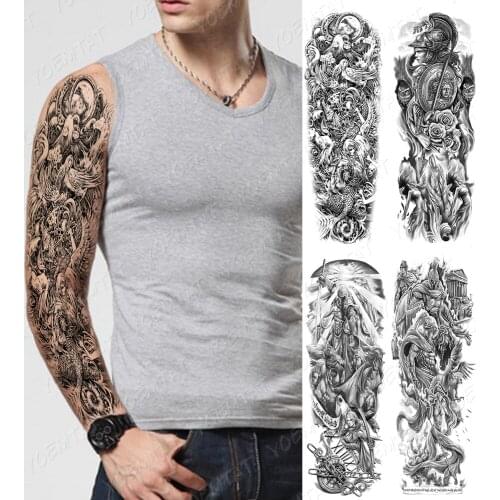 Waterproof Temporary Full Arm Tattoo Sticker Greek Poseidon Warrior Skull Angel Flash Tattoo Man Body Art Fake Sleeve Tattoo Fem