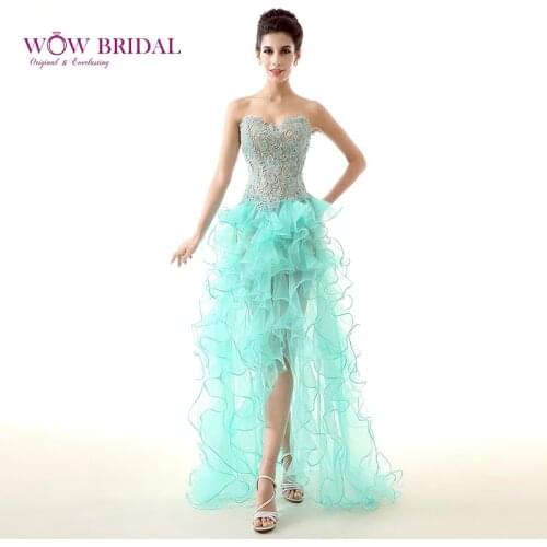 Wowbridal Sexy Asymmetrical Prom Dress 2021 Sweetheart Off the Shoulder Appliqued Lace Chiffon Tiered Ruffles Women Party Gown