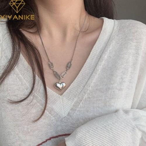 XIYANIKE 925 Sterling Silver Love Heart Paper Clip Necklace Female Hign Quality Retro Punk Jewelry Accessories Adjustable Gift