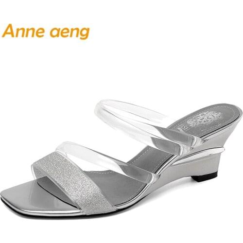 2019 New Summer Genuine Leather Outside Women Slippers High Wedges Heel Fashion Casual Women Shoes Silver Female Mules Slides